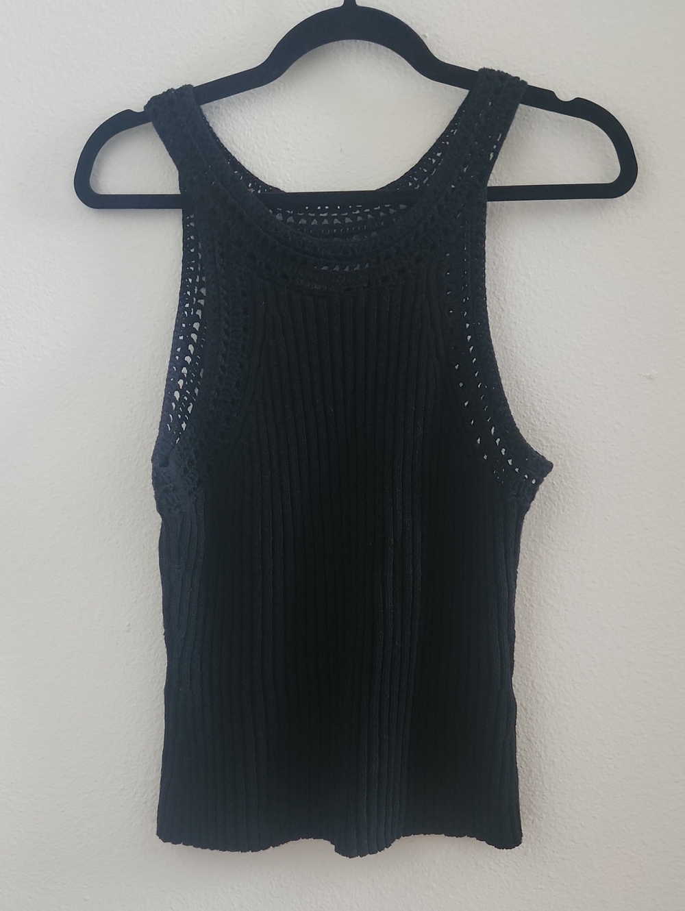 Lucky Brand Black Ribbed Tank with Crochet Trim